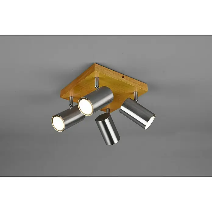 Trio Leuchten Marley Deckenstrahler - 60 W, L x B x H: 22 x 22 x 16 cm, Nickel/Holz, GU10, 4 Stk. - Deckenleuchte mit vier schwenkbaren Spots aus gebürstetem Metall auf einer Holzplatte. Ideal für Wohn- oder Schlafzimmer.