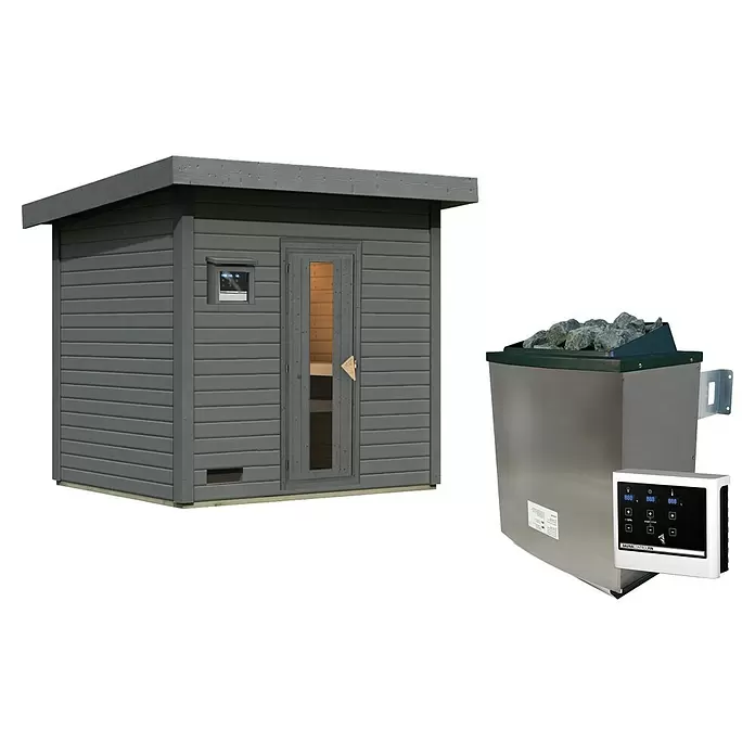 Karibu Saunahaus Hytti - 9 kW Saunaofen mit externer Steuerung, Terragrau, L x B x H: 196 x 231 x 228 cm - Graue Holz-Außensaunakabine und moderner Saunaofen mit Bedienfeld.