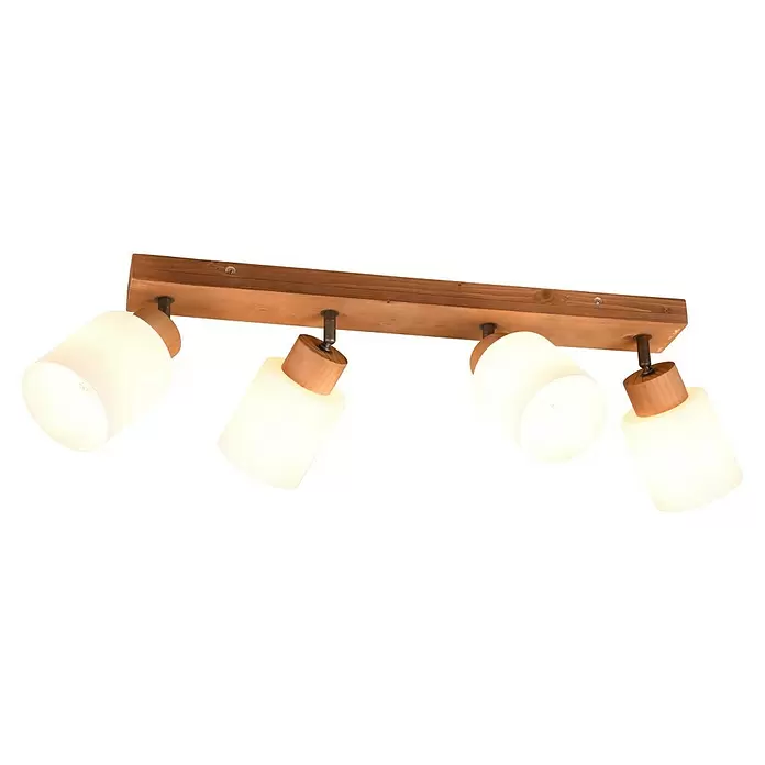 Reality Leuchten Assam Deckenstrahler - 100 W, L x B x H: 10 x 60 x 21 cm, Natur, E14, 4 Stk. - Rechteckige Holz-Deckenleuchte mit vier verstellbaren Strahlern, weißen Glasschirmen.