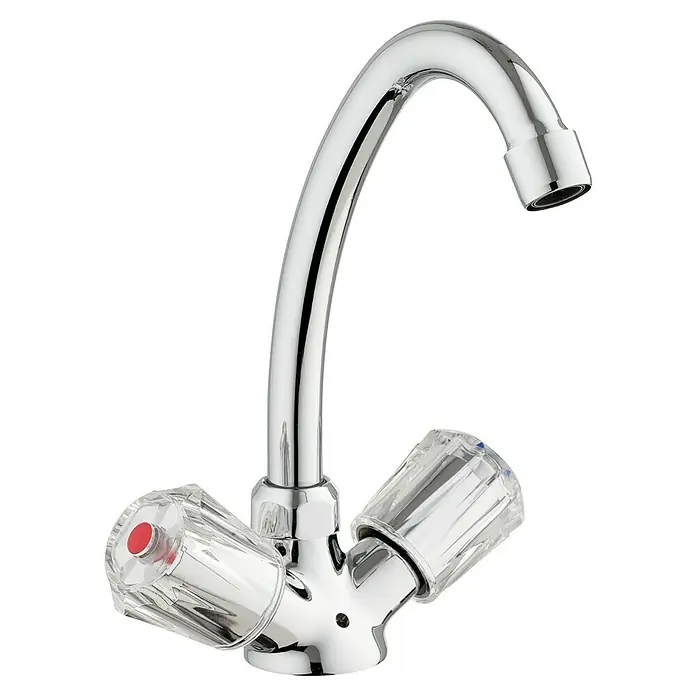 Mixomat Waschtischarmatur Brillant - Niederdruck, Chrom, Glänzend - Glänzender Wasserhahn mit transparenten Griffen für heißes und kaltes Wasser, ideal für Küche oder Bad. Elegantes Design für moderne Waschbecken.