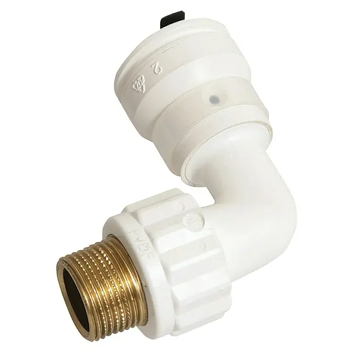 Marley AquaStec Winkel - Durchmesser: 16 mm, Außengewinde: ½″ - Ein Winkelstück mit einem goldenen Gewindeende und einem weißen Kunststoffanschluss für verschiedene Sanitäranwendungen.