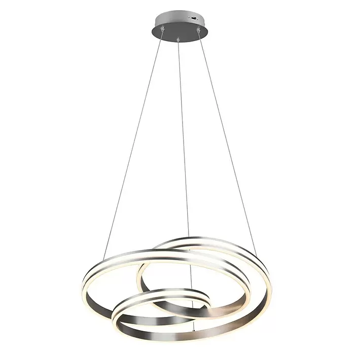 Trio Leuchten Nuria LED-Pendelleuchte rund - 60 W, Ø x H: 60 x 150 cm, Nickel, Mehrfarbig - Moderne silberne LED-Pendelleuchte mit drei ineinandergreifenden beleuchteten Ringen, von einer runden Deckenplatte hängend.