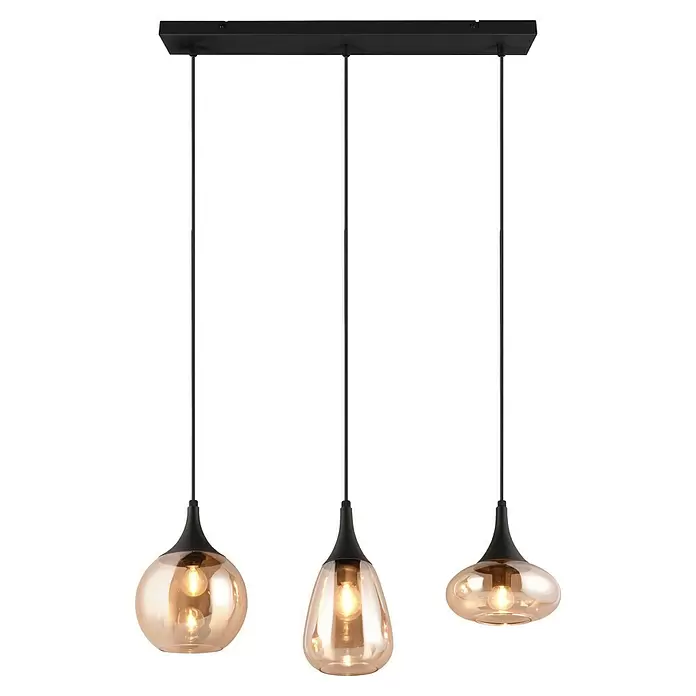 Trio Leuchten Lumina Pendelleuchte - 3 Stk., 120 W, L x B x H: 19,5 x 68,8 x 150 cm, Amber, Schwarz, E14 - Dreiflammige Pendelleuchte mit schwarzem Baldachin und bernsteinfarbenen Glasschirmen.