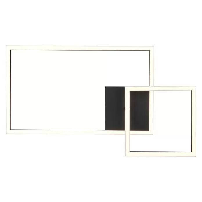 Reality Leuchten LED-Deckenleuchte Padella - 25 W, L x B x H: 37 x 63,5 x 7,5 cm, Schwarz, Neutralweiß - Zwei weiße, leuchtende Rahmen, ein großer rechteckiger, ein kleiner quadratischer, überlappend mit schwarzen Innenbereichen.
