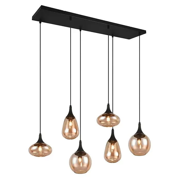 Trio Leuchten Lumina Pendelleuchte - 6 Stk., 240 W, L x B x H: 34,5 x 93,8 x 150 cm, Amber, Schwarz, E14 - Moderne schwarze Deckenleuchte mit sechs Pendelleuchten aus bernsteinfarbenem Glas.