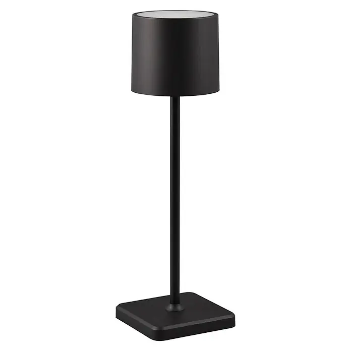 Reality Leuchten Akku-Tischleuchte FERNANDEZ - 1 W, L x B x H: 12,5 x 12,5 x 38 cm, Schwarz, Mehrfarbig - Schwarze zylindrische Tischleuchte mit einem quadratischen Sockel für den Innenbereich zur Akzentbeleuchtung von Räumen.