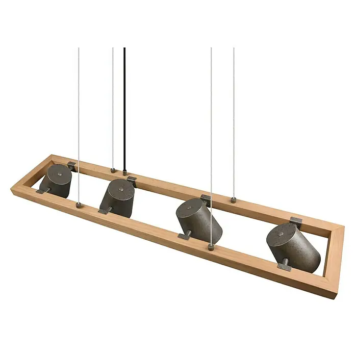 Trio Leuchten Bell Pendelleuchte - 100 W, L x B x H: 21 x 100 x 150 cm, Nickel-antik/Holz, E14 - Holzrahmenleuchte mit vier Strahlern.