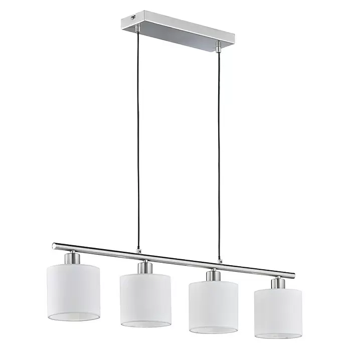 Reality Leuchten Tommy Pendelleuchte - 112 W, L x B x H: 12 x 75 x 150 cm, Weiß, Nickel, E14 - Moderne 4-flammige Pendelleuchte mit gebürstetem Metallgestell und weißen Stoffschirmen.