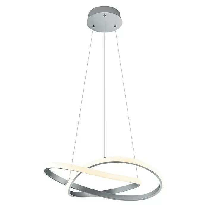 Reality Leuchten Course LED-Pendelleuchte - 27 W, Nickel, Warmweiß - Moderne silberne LED-Pendelleuchte mit zwei ineinandergreifenden, beleuchteten Wellenringen, aufgehängt an einer runden Deckenplatte.