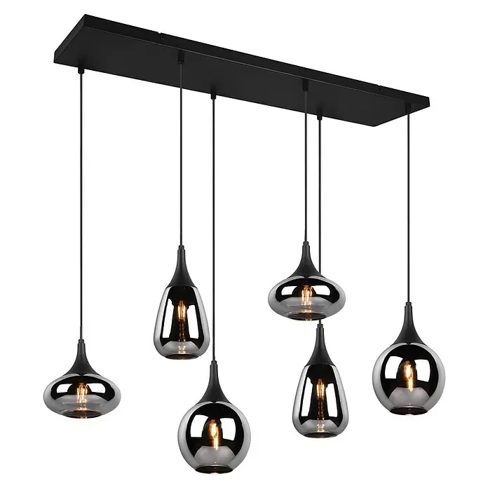 Trio Leuchten Lumina Pendelleuchte - 6 Stk., 240 W, L x B x H: 34,5 x 93,8 x 150 cm, Chrom, Schwarz, E14 - Schwarze Multi-Pendelleuchte mit sechs reflektierenden Glasschirmen in organischen Formen und beleuchteten Filamentlampen.