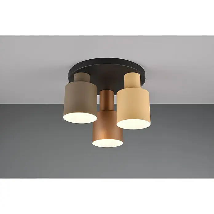 Trio Leuchten Agudo Deckenleuchte - 120 W, Ø x H: 30 x 24,5 cm, Schwarz, Natur, E27 - Eine Deckenleuchte mit drei zylinderförmigen Lampenschirmen in Braun-, Beige- und Kupfertönen, montiert auf einer runden, schwarzen Basis.
