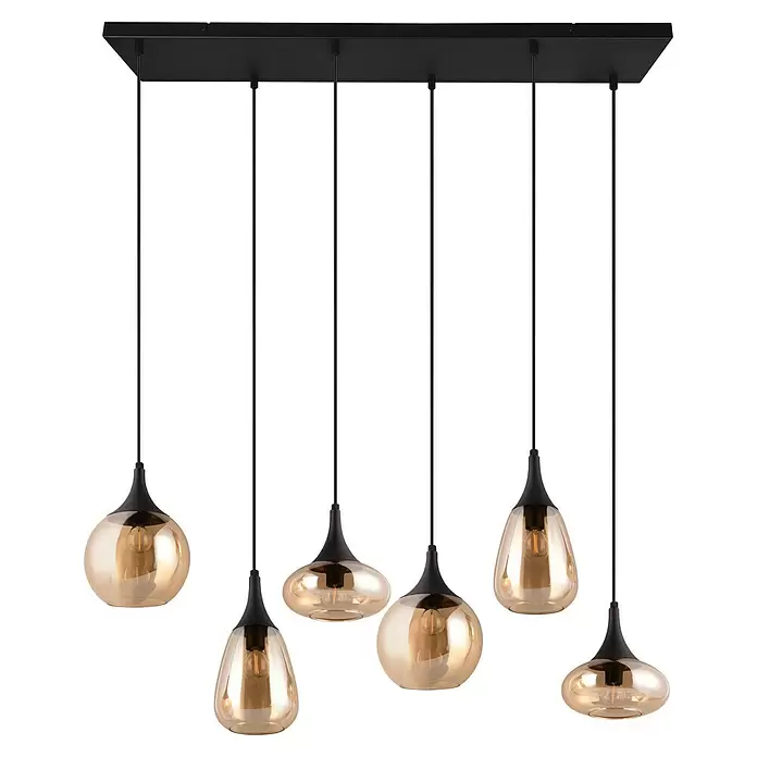 Trio Leuchten Lumina Pendelleuchte - 6 Stk., 240 W, L x B x H: 34,5 x 93,8 x 150 cm, Amber, Schwarz, E14 - Schwarze rechteckige Mehrfach-Pendelleuchte mit sechs bernsteinfarbenen Glasschirmen in verschiedenen organischen Formen.