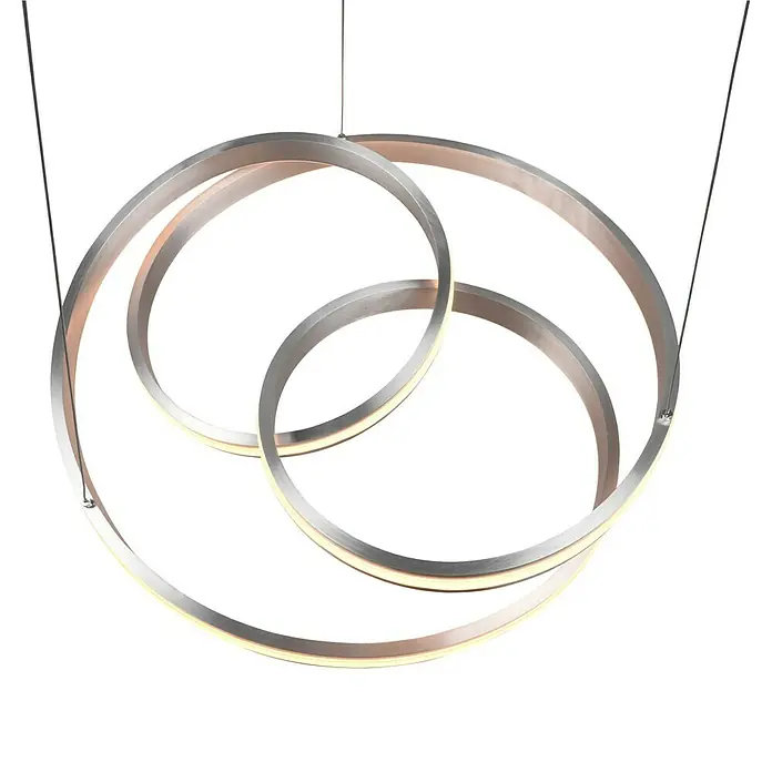 Trio Leuchten Nuria LED-Pendelleuchte rund - 60 W, Ø x H: 60 x 150 cm, Nickel, Mehrfarbig - Eine moderne LED-Hängeleuchte mit drei ineinander verschlungenen Ringen aus gebürstetem Aluminium, die ein warmes, diffuses Licht spendet.