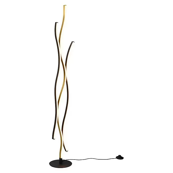 Trio Leuchten Blaze LED-Stehleuchte - 28 W, Höhe: 138 cm, Messing matt/Schwarz, Mehrfarbig - Moderne Stehlampe mit gewellten goldenen LED-Lichtstreifen, rundem schwarzem Fuß und schwarzem Netzkabel mit Fußschalter.