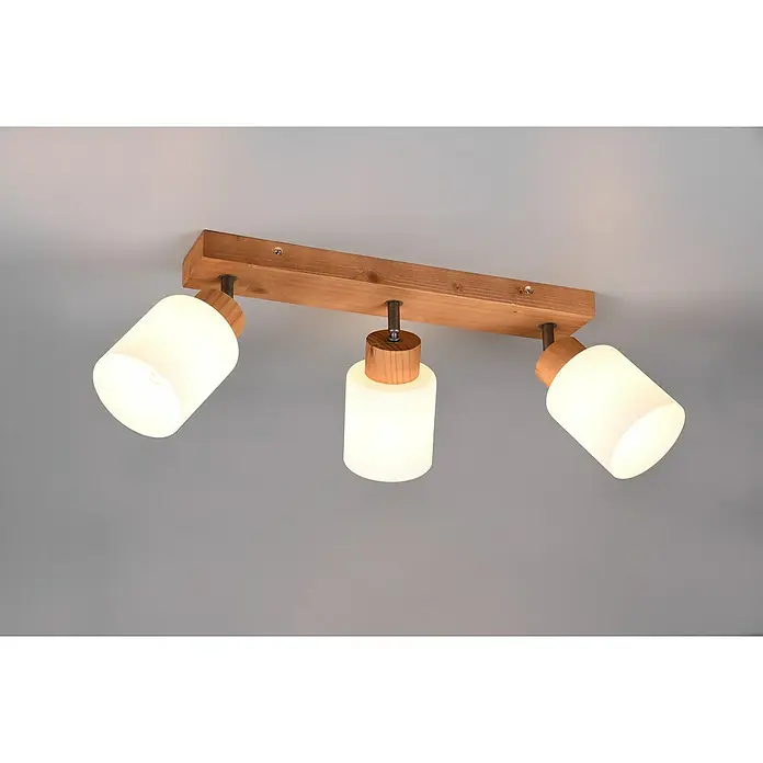 Reality Leuchten Assam Deckenstrahler - 75 W, L x B x H: 10 x 45 x 21 cm, Natur, E14, 3 Stk. - Holz-Deckenleuchte mit drei weißen Lampenschirmen, die ein warmes Licht verbreiten. Perfekt für Wohnzimmer oder Schlafzimmer.