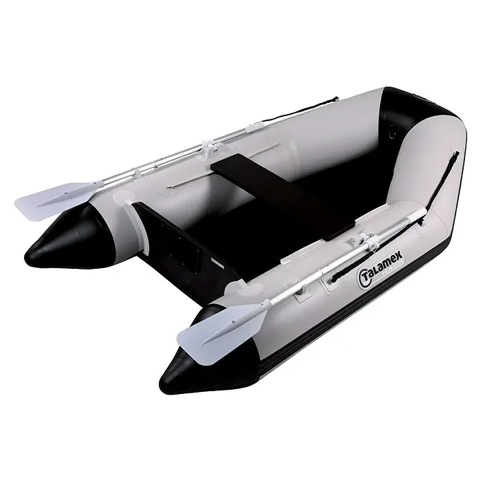 Talamex Schlauchboot Lattenboden Aqualine QLS230 - L x B: 230 x 134 cm, Tragkraft: 325 kg, Geeignet für: 2+1 Personen - Hier ist ein aufblasbares Talamax-Schlauchboot, perfekt für Wasseraktivitäten, mit Paddeln und schwarzem Akzentdesign.