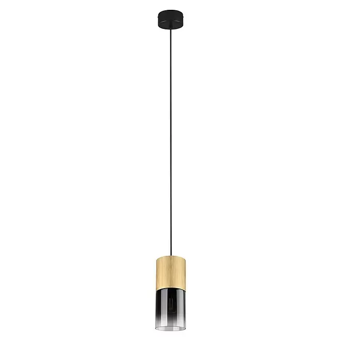 Trio Leuchten Robin Pendelleuchte - 28 W, Messing, E27, Anzahl Leuchtmittel: 1 Stk. - Pendelleuchte mit schwarzem Deckenbaldachin, Holzring und Rauchglas-Schirm mit sichtbarer Glühbirne.