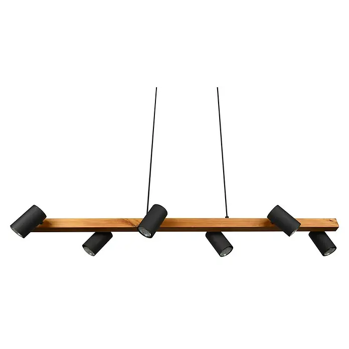 Trio Leuchten Marley Pendelleuchte - 210 W, L x B x H: 20 x 115 x 150 cm, Schwarz/Holz, GU10, Anzahl Leuchtmittel: 6 Stk. - Moderne Hängeleuchte mit Holzstange und sechs schwarzen Strahlern. Perfekt für eine stilvolle Beleuchtung in jedem Raum.