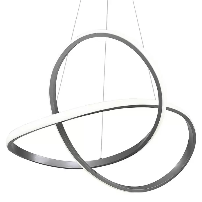 Reality Leuchten Course LED-Pendelleuchte - 27 W, Nickel, Neutralweiß - Moderne LED-Pendelleuchte mit zwei ineinandergreifenden grauen Ringen und durchgehenden weißen Lichtbändern.