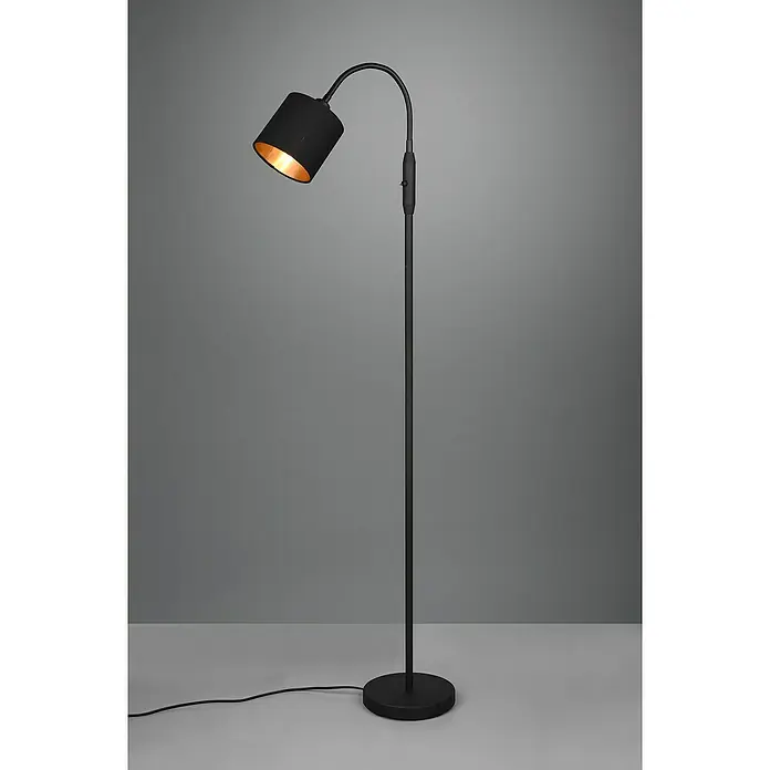 Reality Leuchten Tommy Stehleuchte - 40 W, Höhe: 130 cm, Schwarz/Gold, E14, 1 Stk. - Eine elegante schwarze Stehlampe mit goldenem Innenleben des Lampenschirms, die eine warme und stilvolle Beleuchtung bietet.