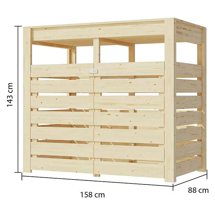 Karibu Mülltonnenverkleidung mit integriertem Hochbeet - 158,2 x 87,6 cm, Holz, Naturbelassen, Geeignet für Anzahl Mülltonnen: 2 Stk. - Robuster Latten-Lagerschuppen aus hellem Naturholz mit Doppeltüren und Riegel.
