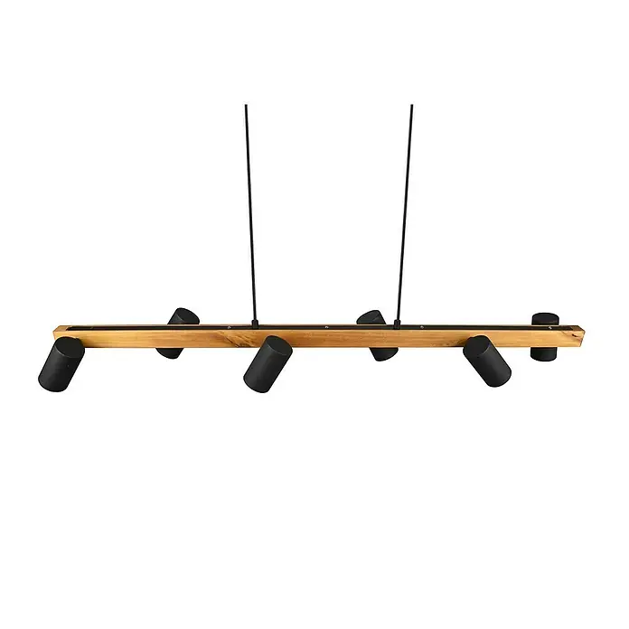 Trio Leuchten Marley Pendelleuchte - 210 W, L x B x H: 20 x 115 x 150 cm, Schwarz/Holz, GU10, Anzahl Leuchtmittel: 6 Stk. - Eine moderne Hängeleuchte mit einem hölzernen Balken und schwarzen, zylinderförmigen Strahlern. Ideal für stilvolle Beleuchtung.