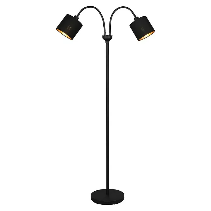 Reality Leuchten Tommy Stehleuchte - 80 W, Höhe: 130 cm, Schwarz/Gold, E14, 2 Stk. - Schwarze Stehlampe aus Metall mit zwei verstellbaren Köpfen, jeder mit einem schwarzen zylindrischen Schirm mit warm leuchtender Innenseite.