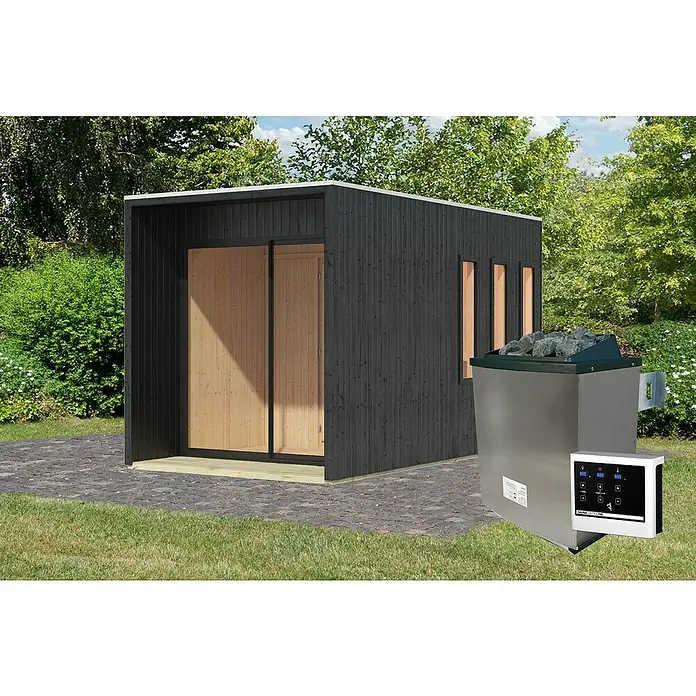 Karibu Saunahaus Miramar - L x B x H: 429 x 219,5 x 244 cm, Schwarz, 9 kW Saunaofen mit externer Steuerung - Sauna mit Holzverkleidung und Ofen im Außenbereich für ein entspannendes Wellness-Erlebnis.