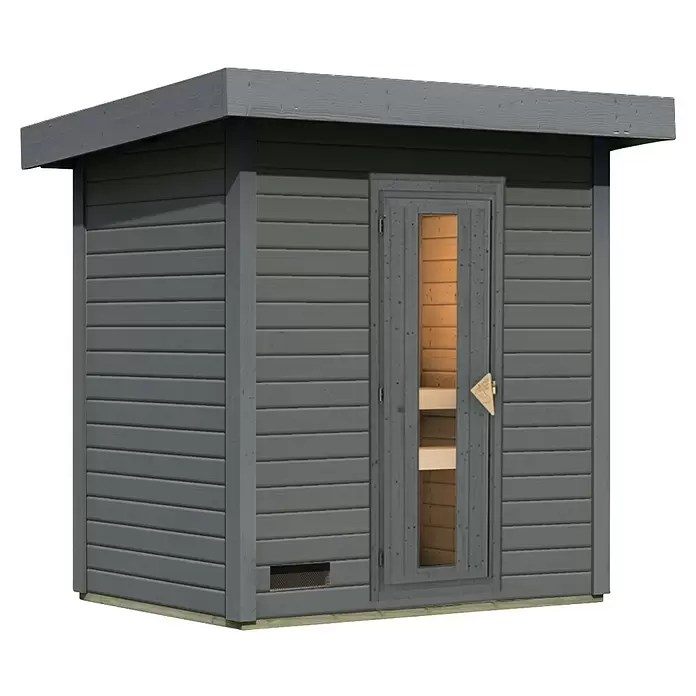 Karibu Saunahaus Hytti - Ohne Ofen, Terragrau, L x B x H: 146 x 196 x 228 cm - Graue Outdoor-Sauna aus Holz mit Flachdach und Glastür.