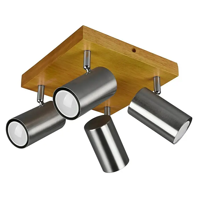 Trio Leuchten Marley Deckenstrahler - 60 W, L x B x H: 22 x 22 x 16 cm, Nickel/Holz, GU10, 4 Stk. - Quadratische Deckenleuchte aus Holz mit vier verstellbaren Spots aus gebürstetem Metall für eine flexible Beleuchtung im Raum.