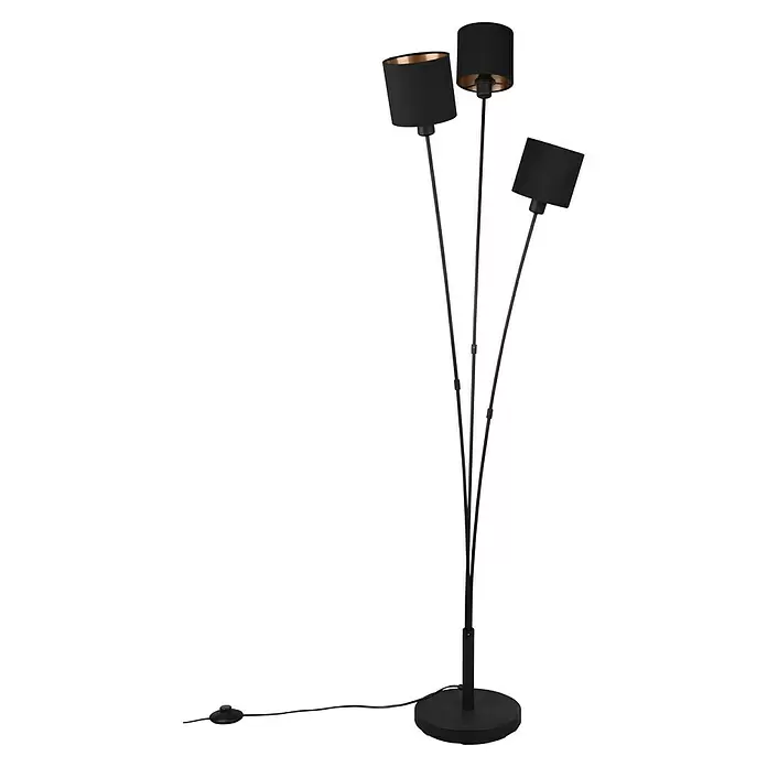 Reality Leuchten Tommy Stehleuchte - 120 W, Höhe: 150 cm, Schwarz/Gold, E14, 3 Stk. - Schwarze Stehleuchte mit drei verstellbaren Schirmen, goldenen Innenseiten und Fußschalter.