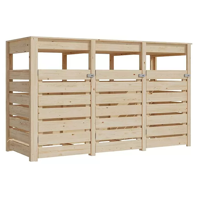 Karibu Mülltonnenverkleidung mit integriertem Hochbeet - Holz, Naturbelassen, Geeignet für Anzahl Mülltonnen: 3 Stk. - Heller Holzabfallbehälter mit drei Fächern.