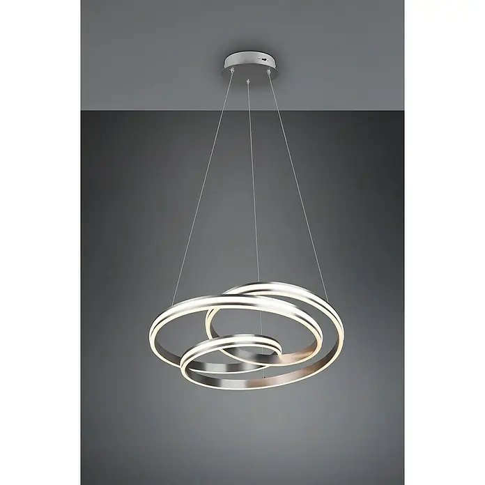 Trio Leuchten Nuria LED-Pendelleuchte rund - 60 W, Ø x H: 60 x 150 cm, Nickel, Mehrfarbig - Moderne LED-Pendelleuchte mit drei konzentrischen Ringen in Silber und Weiß für ein elegantes Ambiente.