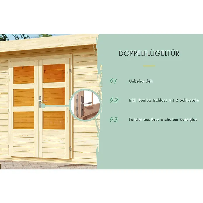 Karibu Gerätehaus Multi - Außenmaß inkl. Dachüberstand (B x T): 319 x 219 cm, Holz, Naturbelassen - Doppelflügeltür aus Holz mit Glaseinsätzen und Beschlagdetails. Ideal für Gartenhäuser und mehr.