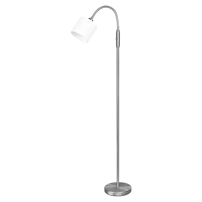 Reality Leuchten Tommy Stehleuchte - 40 W, Höhe: 130 cm, Nickel, Weiß, E14, 1 Stk. - Silberne Stehleuchte mit gebogenem Hals, weißem zylindrischem Schirm und rundem Fuß.