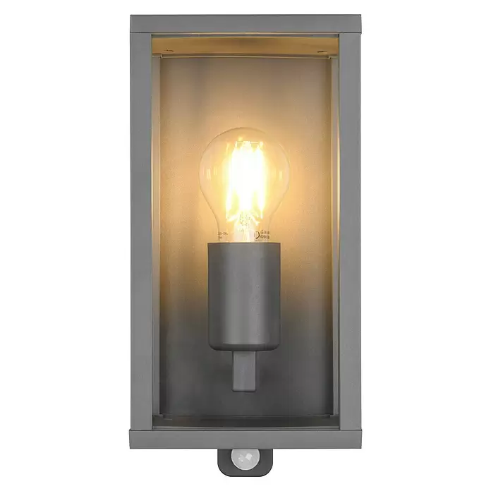 Trio Leuchten Garonne Außenwandleuchte - 60 W, L x B x H: 13,5 x 14 x 29 cm, Anthrazit, IP44, Mit Bewegungsmelder - Graue Wandleuchte für den Außenbereich mit leuchtender LED-Birne und Bewegungssensor.