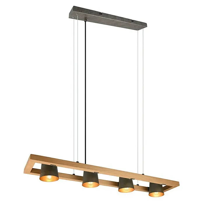 Trio Leuchten Bell Pendelleuchte - 100 W, L x B x H: 21 x 100 x 150 cm, Nickel-antik/Holz, E14 - Moderne Hängelampe mit vier Strahlern an einer Holzleiste, ideal für Esszimmer.