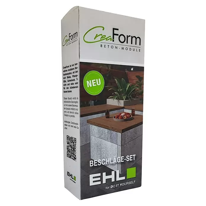 EHL Creaform Beschläge-Set - Passend für: EHL Creaform Verblendsteine - Verpackung des CreaForm BETON-MODULE Beschläge-Sets von EHL. Weißer Karton mit grün-schwarzem Text, zeigt modulare Gartenmöbel aus Beton und Holz.