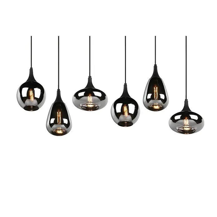 Trio Leuchten Lumina Pendelleuchte - 6 Stk., 240 W, L x B x H: 34,5 x 93,8 x 150 cm, Chrom, Schwarz, E14 - Pendelleuchten-Ensemble mit stilvollen, rauchfarbenen Glasschirmen und elegantem, schwarzem Finish für moderne Innenräume.