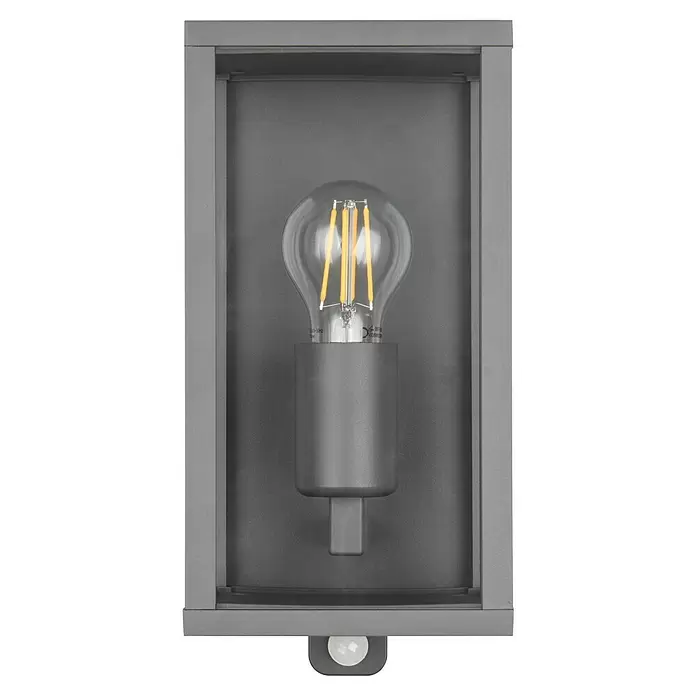 Trio Leuchten Garonne Außenwandleuchte - 60 W, L x B x H: 13,5 x 14 x 29 cm, Anthrazit, IP44, Mit Bewegungsmelder - Dunkelgraue, metallische Außenwandleuchte mit sichtbarer LED-Glühfadenlampe und integriertem Bewegungsmelder.