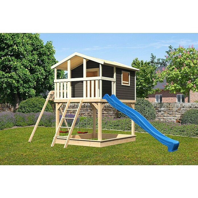 Karibu Kinderspielturm Benjamin (L x B x H: 244 x 198 x 309 cm, Terragrau, Mit blauer Rutsche) | BAUHAUS