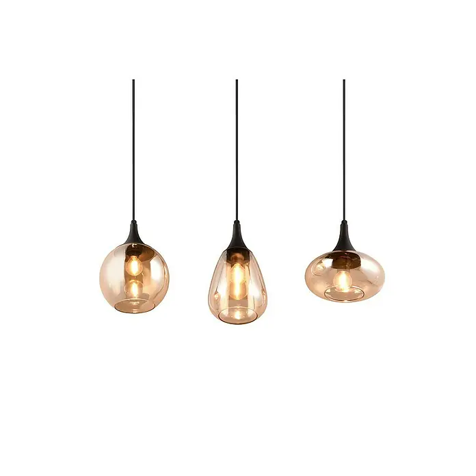 Trio Leuchten Lumina Pendelleuchte - 3 Stk., 120 W, L x B x H: 19,5 x 68,8 x 150 cm, Amber, Schwarz, E14 - Elegante Pendelleuchte mit drei bernsteinfarbenen Glasschirmen und schwarzen Aufhängungen, die ein warmes, einladendes Licht verbreiten.