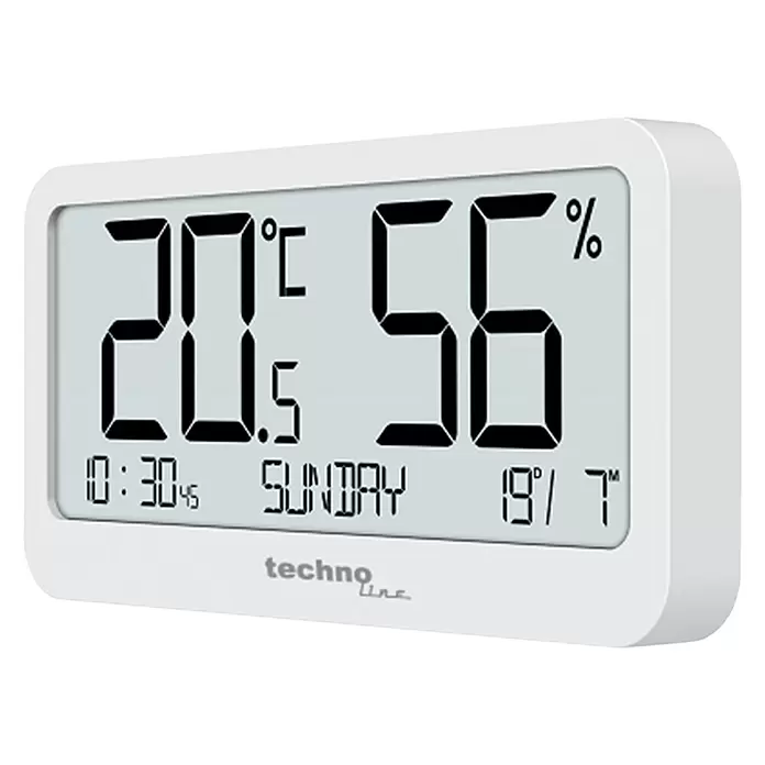 Technoline Digitales Thermo-Hygrometer mit Uhrzeitanzeige WS9455 - Batteriebetrieben, Weiß, 107 x 55 x 13 mm - Weißes Technoline Digital-Thermometer und Hygrometer, zeigt 20.5°C, 56% Luftfeuchtigkeit, 10:30 und Sonntag an.