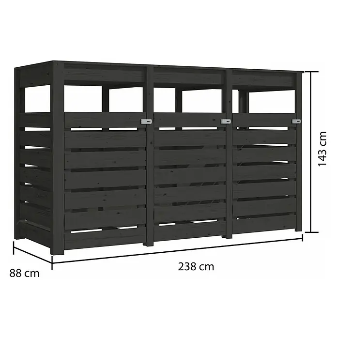 Karibu Mülltonnenverkleidung 3er - Holz, Terragrau - Dunkelgraue dreifache Mülltonnenbox aus Holz mit Riegeln, Maße: 238x88x143 cm.