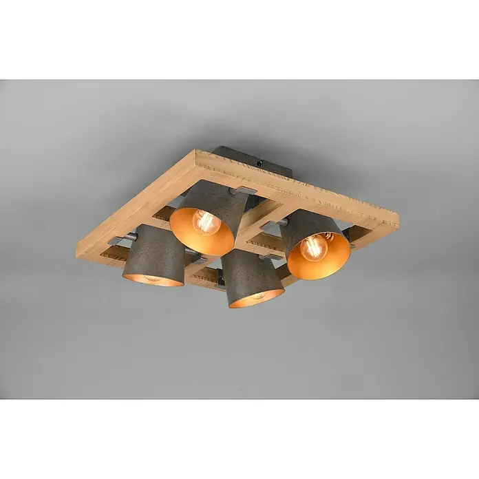 Trio Leuchten Bell Deckenleuchte - 100 W, L x B x H: 39 x 9 x 19,8 cm, Nickel-antik/Holz, E14 - Strahler mit vier Leuchten und Holzrahmen. Deckenleuchte mit rustikalem Design und warmem Licht für eine gemütliche Atmosphäre im Raum.