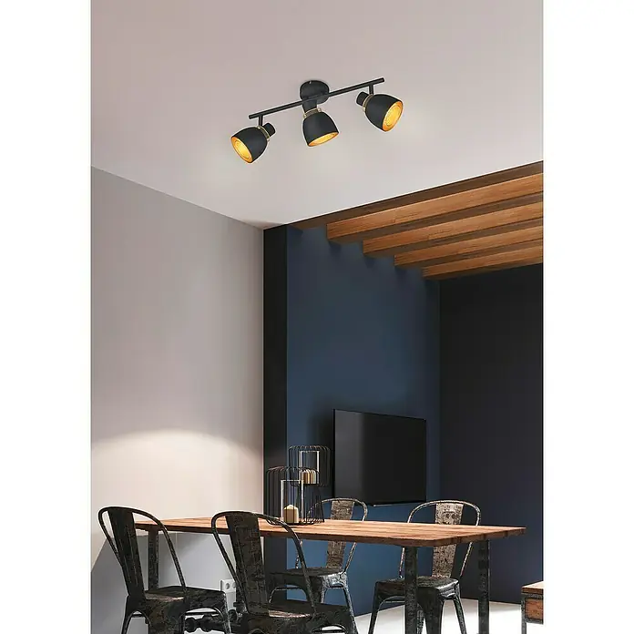 Reality Leuchten Punch Deckenstrahler - 3 Stk., 30 W, L x B x H: 10 x 45,5 x 20 cm, Schwarz/Gold, E14 - Deckenleuchte mit drei schwarzen Strahlern, die ein warmes Licht spenden. Ideal für Esszimmer, um eine stilvolle Atmosphäre zu schaffen.