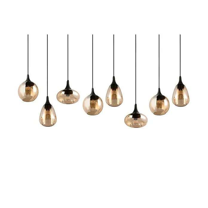 Trio Leuchten Lumina Pendelleuchte - 8 Stk., 320 W, L x B x H: 34,5 x 121 x 150 cm, Amber, Schwarz, E14 - Elegante Pendelleuchte mit bernsteinfarbenen Glaslampenschirmen und schwarzem Aufhängungssystem für stilvolle Beleuchtung.
