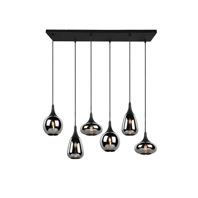 Trio Leuchten Lumina Pendelleuchte - 6 Stk., 240 W, L x B x H: 34,5 x 93,8 x 150 cm, Chrom, Schwarz, E14 - Schwarze Hängeleuchte mit sechs rauchfarbenen Glasschirmen und unterschiedlichen Formen, die ein modernes Ambiente erzeugt.