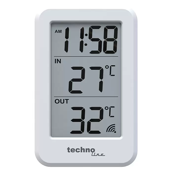 Technoline Thermometer mit Uhrzeit WS 9172 - Digitales Display, Maße Inneneinheit: 70 x 11 x 22 mm, Maße Außeneinheit: 39 x 97 x 25 mm - Weißes digitales Thermometer und Uhr, zeigt 11:58 Uhr (AM), innen 27°C, außen 32°C mit Funksymbol. Marke: techno line.