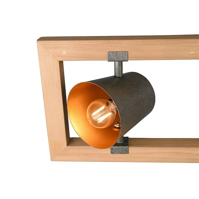 Trio Leuchten Bell Pendelleuchte - 100 W, L x B x H: 21 x 100 x 150 cm, Nickel-antik/Holz, E14 - Nahaufnahme einer stilvollen Deckenleuchte mit Holzrahmen und industriellem Lampenschirm.